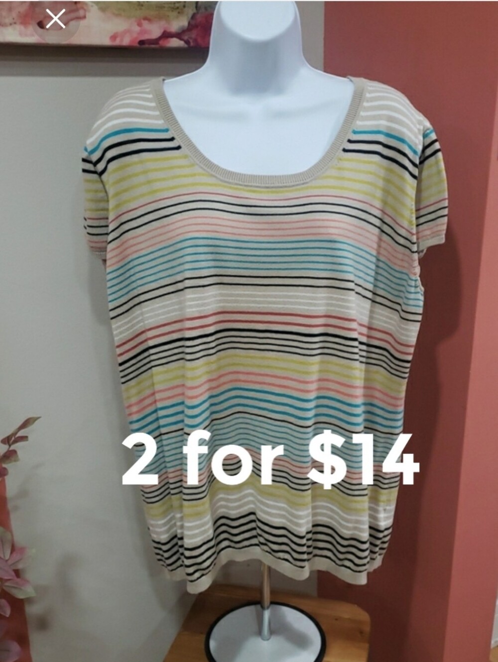 Liz Claiborne Women's Striped Cream with Blue, Yellow, Pink, Black Blouse, 3X